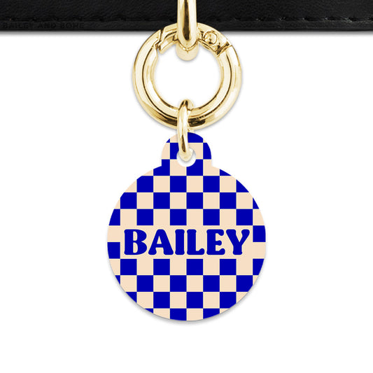 Bailey And Bone Pet ID Tag Blue And Beige Checkers Pet Tag