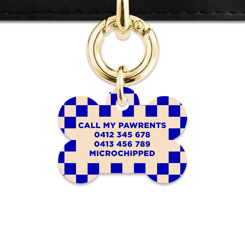 Bailey And Bone Pet ID Tag Blue And Beige Checkers Pet Tag