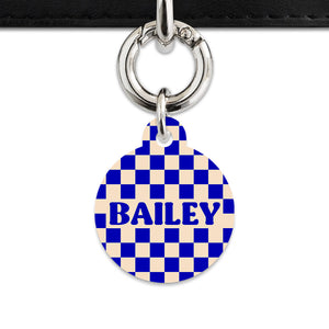 Bailey And Bone Pet ID Tag Blue And Beige Checkers Pet Tag