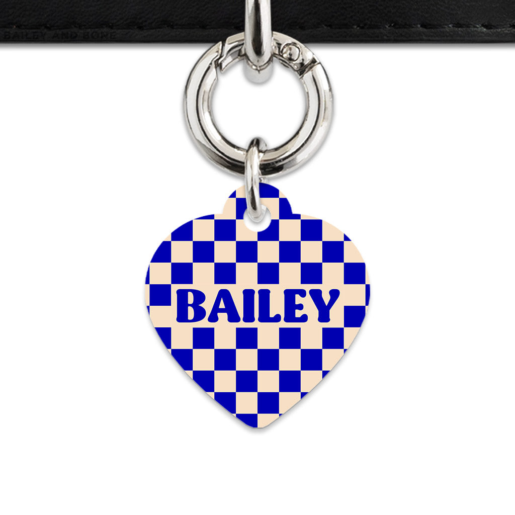 Bailey And Bone Pet ID Tag Blue And Beige Checkers Pet Tag