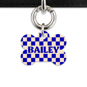 Bailey And Bone Pet ID Tag Blue And Beige Checkers Pet Tag