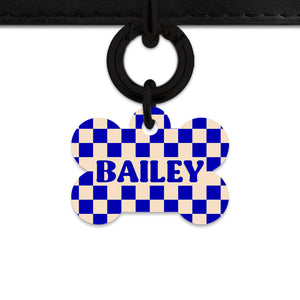 Bailey And Bone Pet ID Tag Blue And Beige Checkers Pet Tag