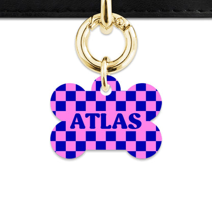Bailey And Bone Pet ID Tag Blue And Pink Checkers Pet Tag