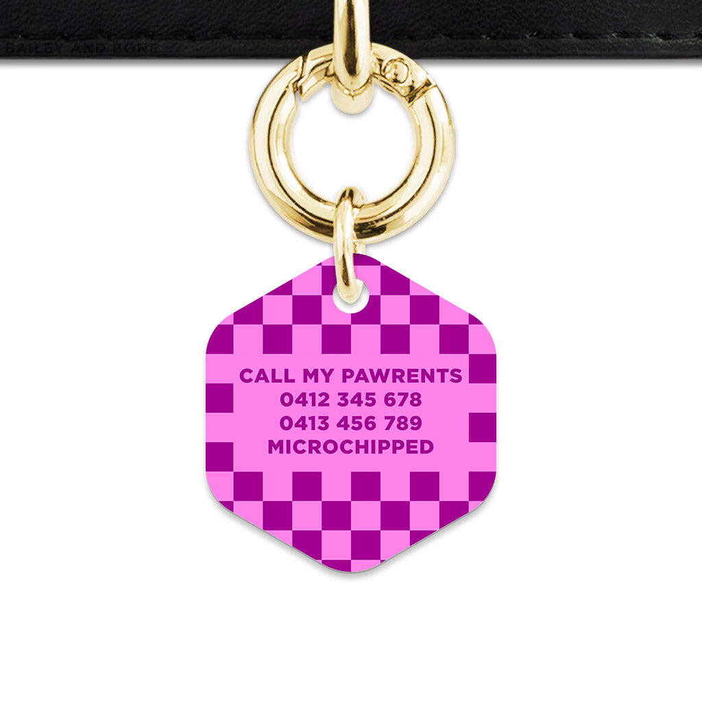 Bailey And Bone Pet ID Tag Pink And Purple Checkers Pet Tag