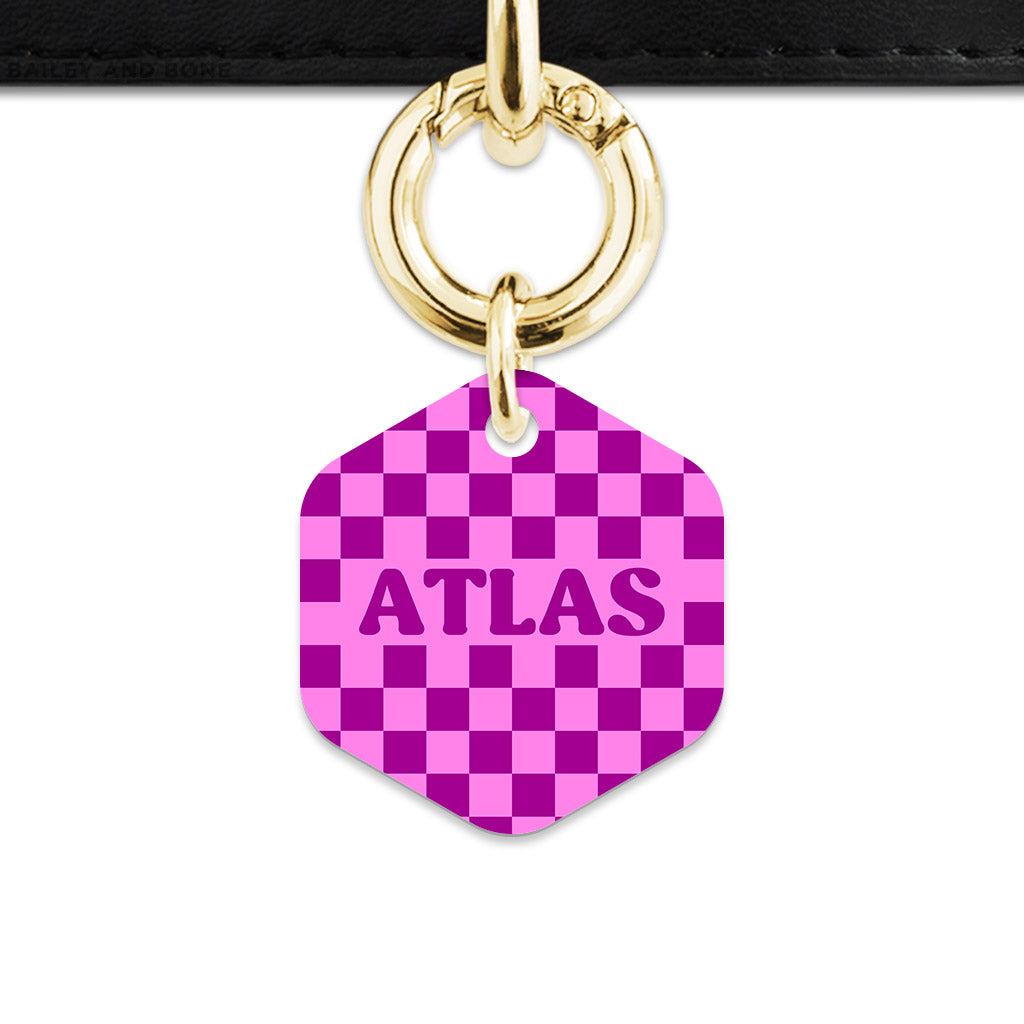 Bailey And Bone Pet ID Tag Pink And Purple Checkers Pet Tag