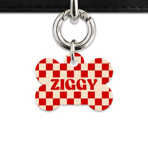 Bailey And Bone Pet ID Tag Red And Beige Checkers Pet Tag