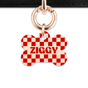 Bailey And Bone Pet ID Tag Red And Beige Checkers Pet Tag