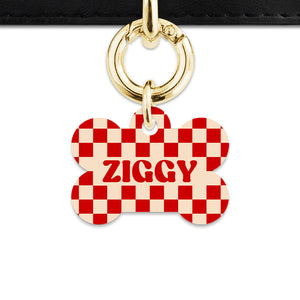 Bailey And Bone Pet ID Tag Red And Beige Checkers Pet Tag