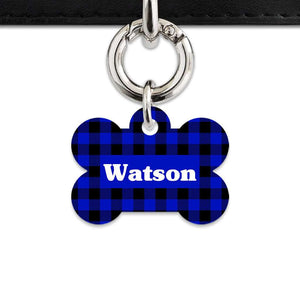 Bailey And Bone Pet Tag Bone / Silver Blue Plaid Pet Tag