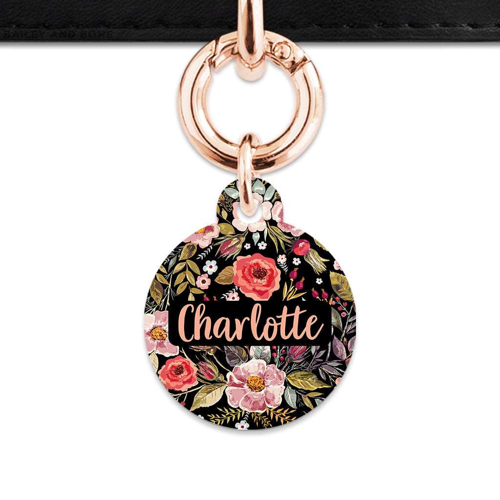 Bailey And Bone Pet Tag Circle / Rose Gold Black Vintage Flowers Pet Tag