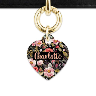 Bailey And Bone Pet Tag Heart / Gold Black Vintage Flowers Pet Tag