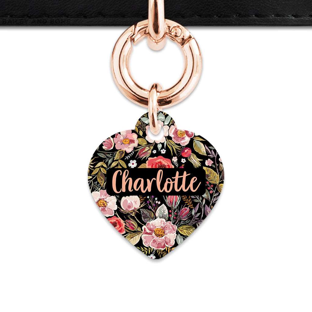 Bailey And Bone Pet Tag Heart / Rose Gold Black Vintage Flowers Pet Tag