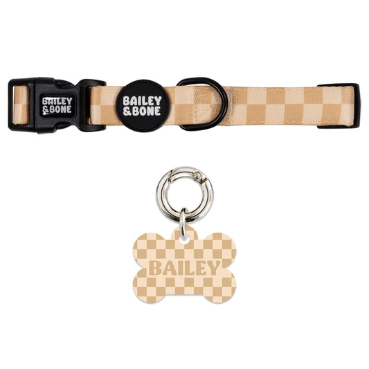 Beige And Tan Checkers Pet Tag And Collar Bundle