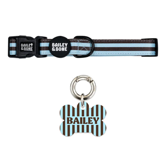 Blue and Brown Stripes Pet Tag and Collar Bundle