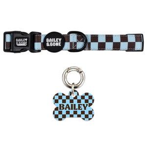 Blue And Brown Checkers Pet Tag And Collar Bundle