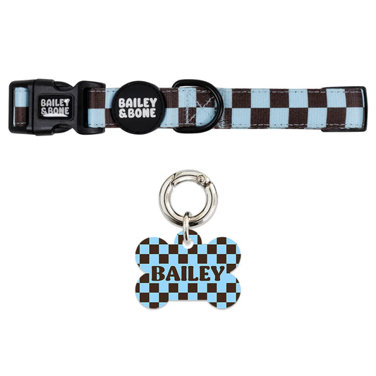 Blue And Brown Checkers Pet Tag And Collar Bundle