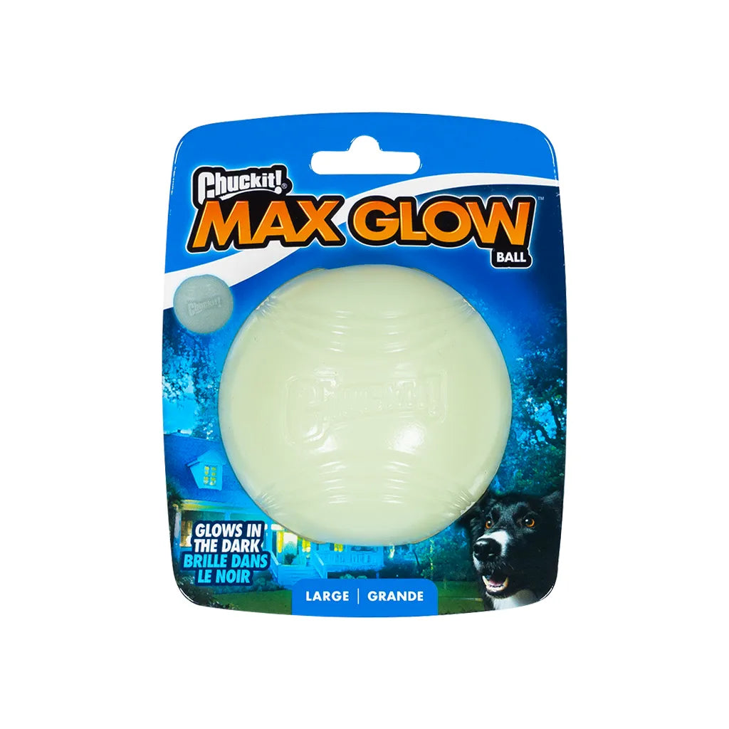 Chuckit! Max Glow Ball dog toy in its original blue blister packaging, featuring a large, pale glowing ball inside.
