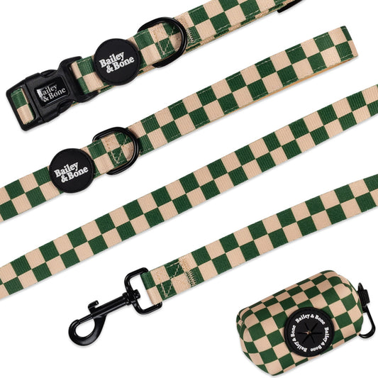 Green And Beige Checkers Collar And Lead Bundle