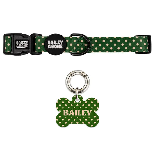 Green And Beige Polka Dots Collar And Pet Tag Bundle