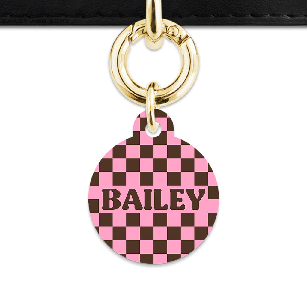Pink And Brown Checkers Pet ID Tag