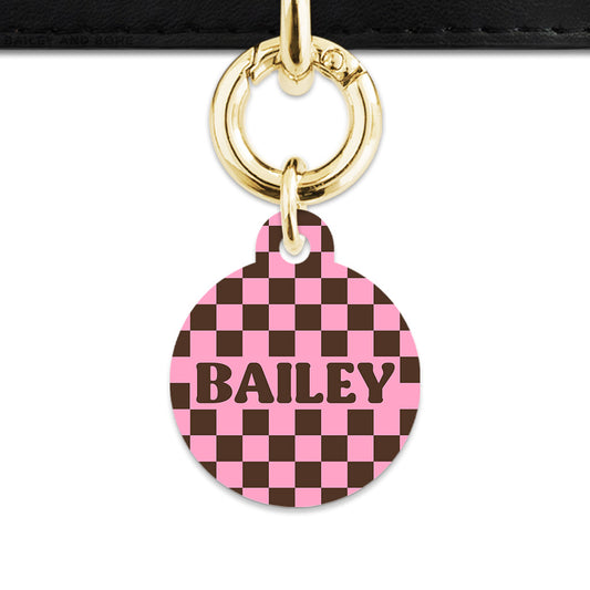 Pink And Brown Checkers Pet ID Tag