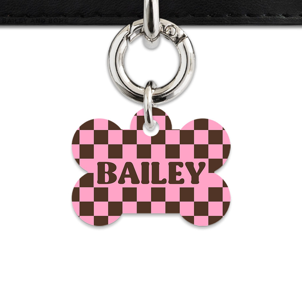 Pink And Brown Checkers Pet ID Tag