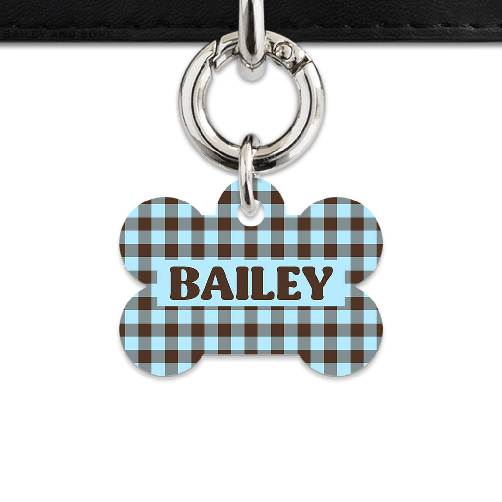 Blue And Brown Gingham Pet ID Tag
