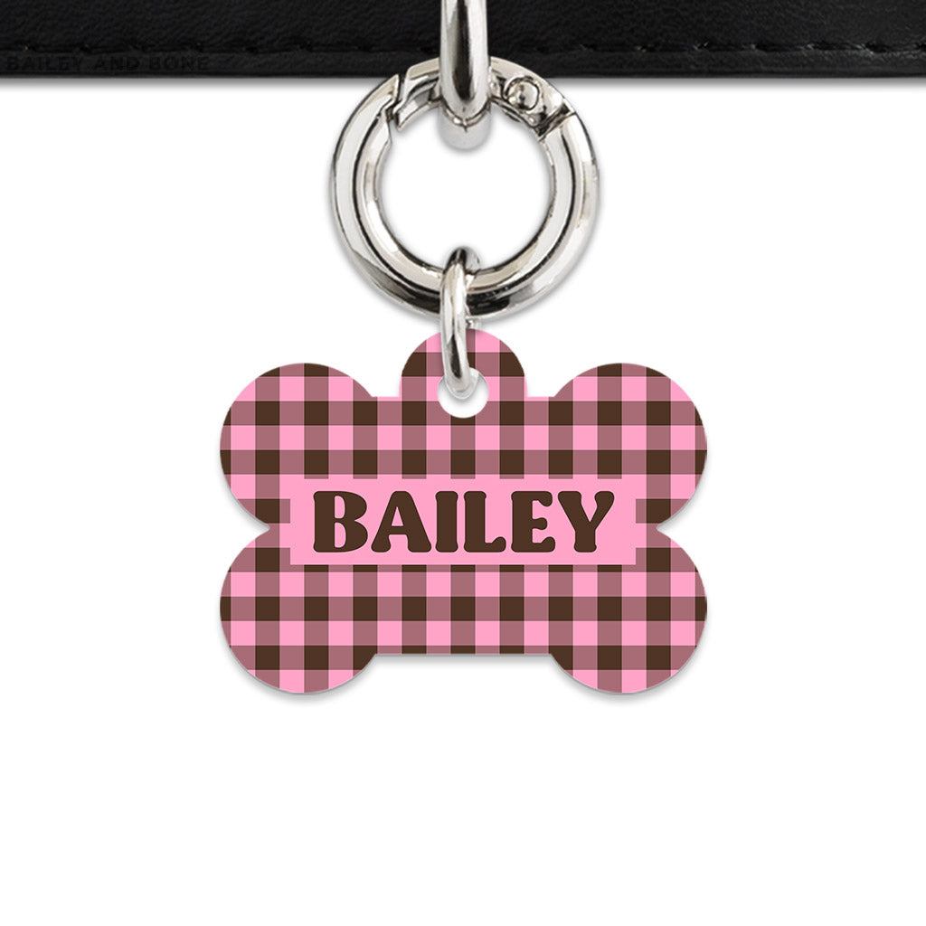 Pink And Brown Gingham Pet ID Tag