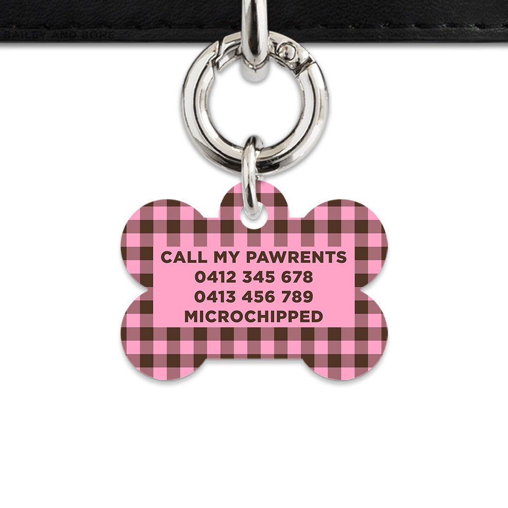 Pink And Brown Gingham Pet ID Tag
