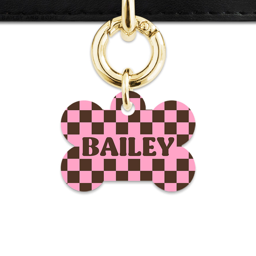 Pink And Brown Checkers Pet ID Tag