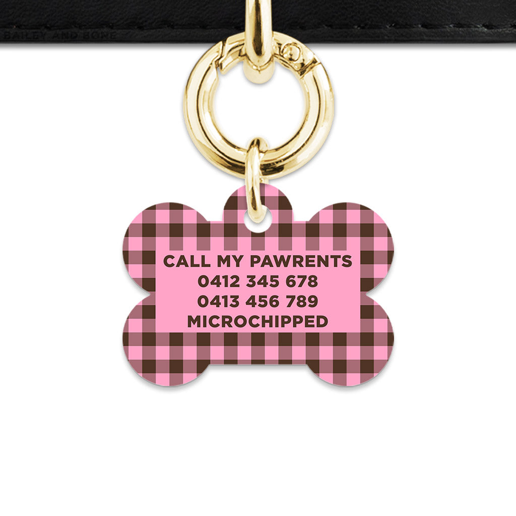 Pink And Brown Gingham Pet ID Tag