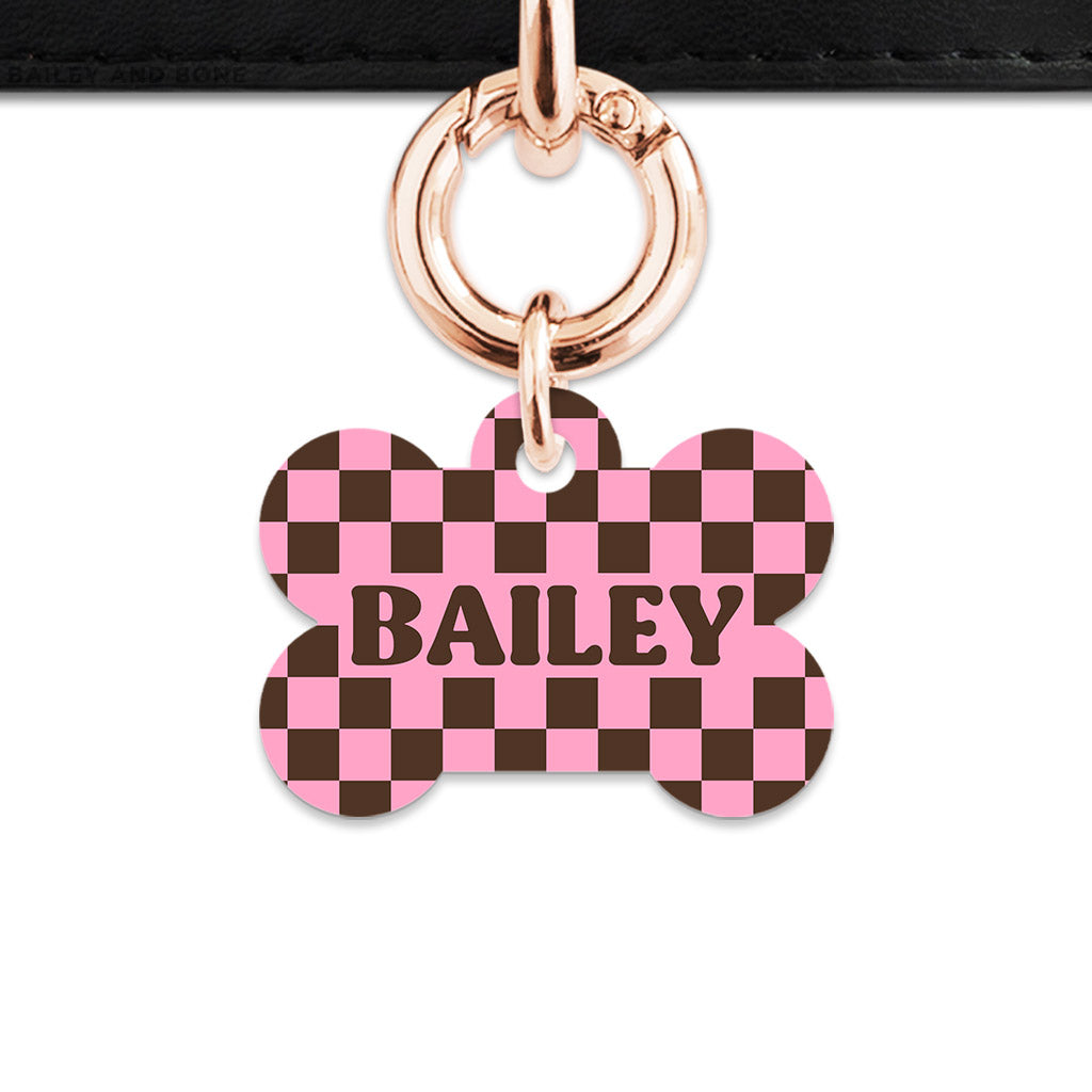 Pink And Brown Checkers Pet ID Tag