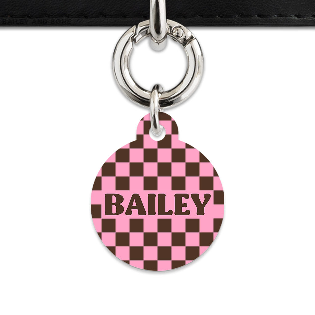 Pink And Brown Checkers Pet ID Tag
