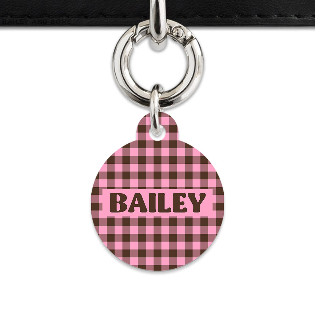 Pink And Brown Gingham Pet ID Tag
