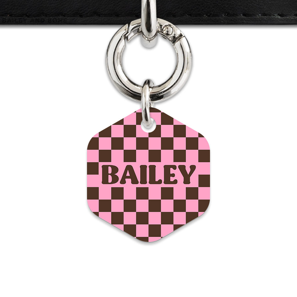 Pink And Brown Checkers Pet ID Tag