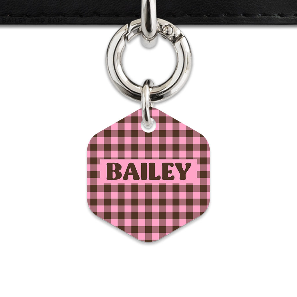 Pink And Brown Gingham Pet ID Tag