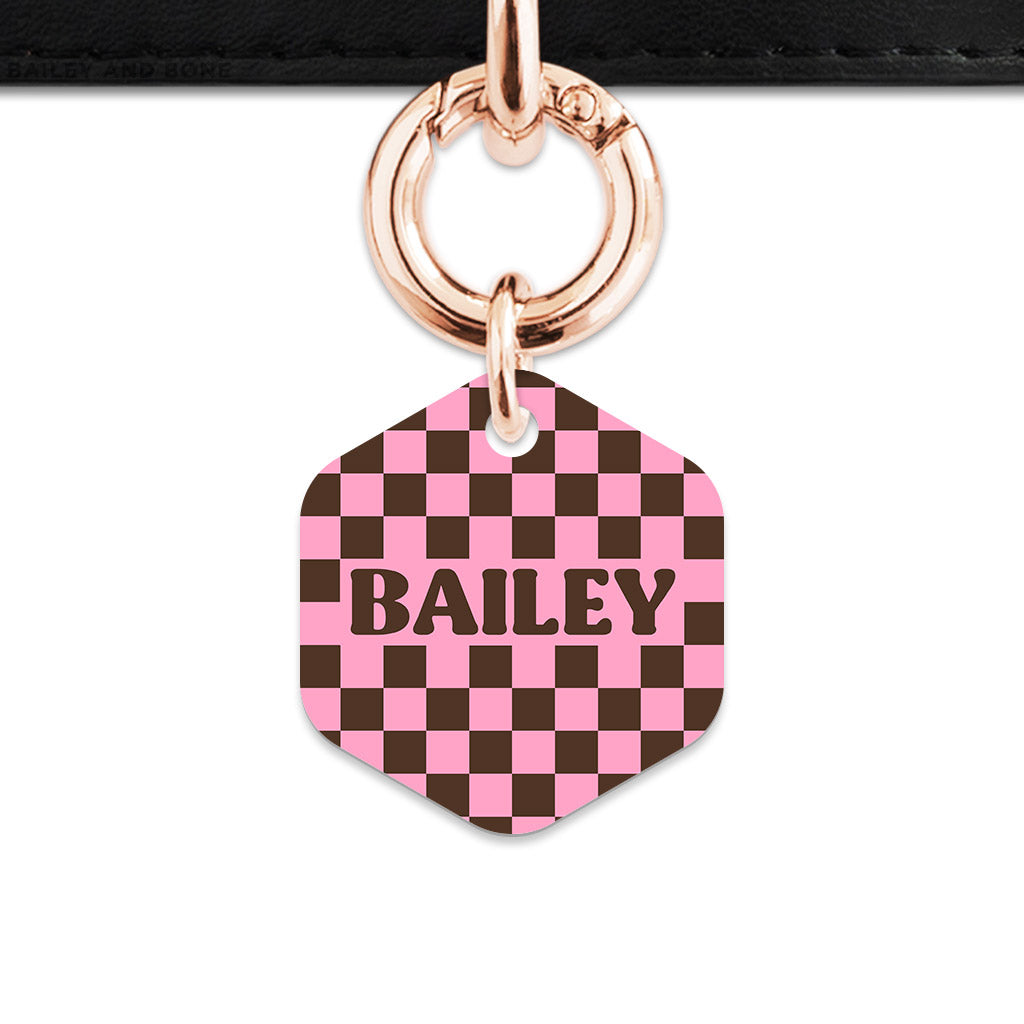 Pink And Brown Checkers Pet ID Tag