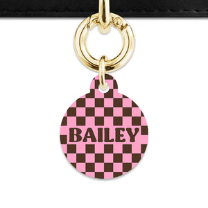 Pink And Brown Checkers Pet ID Tag