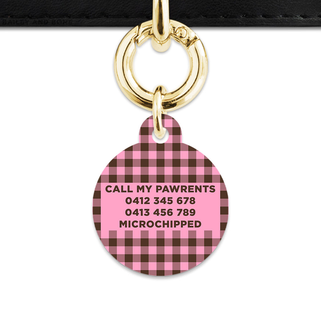 Pink And Brown Gingham Pet ID Tag