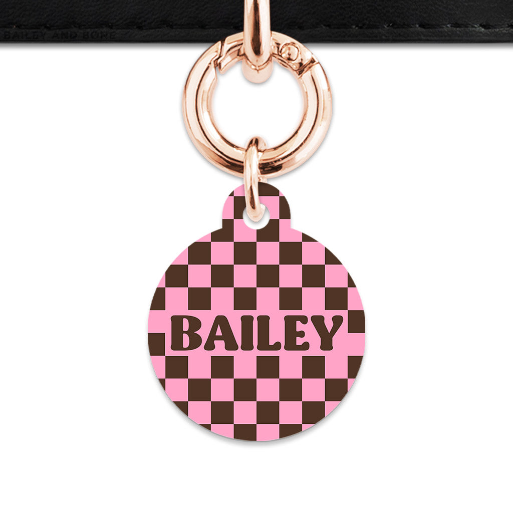 Pink And Brown Checkers Pet ID Tag