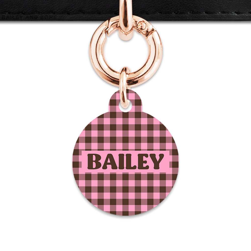 Pink And Brown Gingham Pet ID Tag