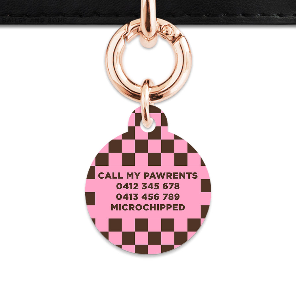 Pink And Brown Checkers Pet ID Tag