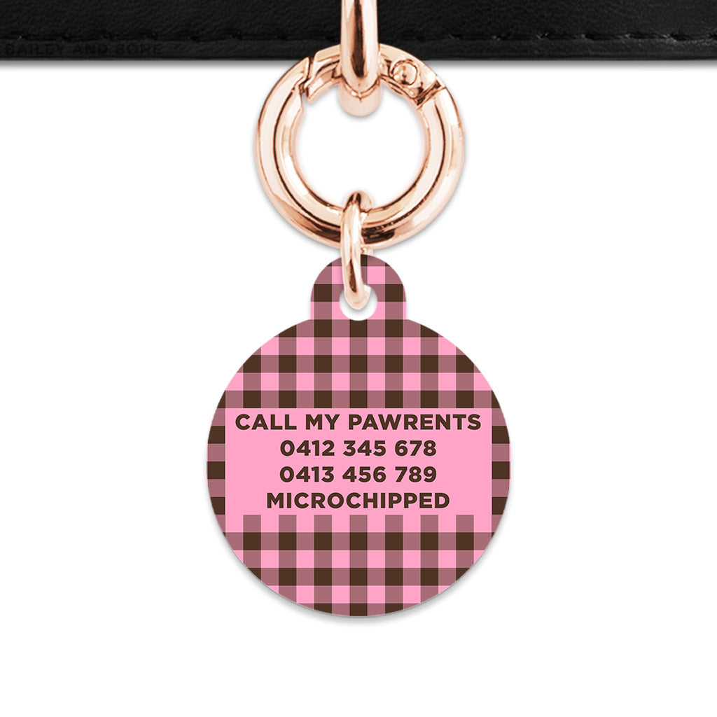 Pink And Brown Gingham Pet ID Tag