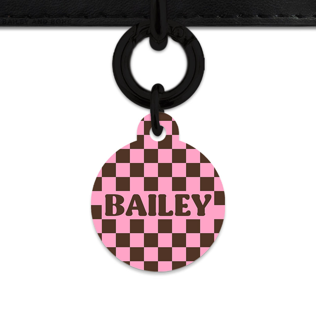 Pink And Brown Checkers Pet ID Tag