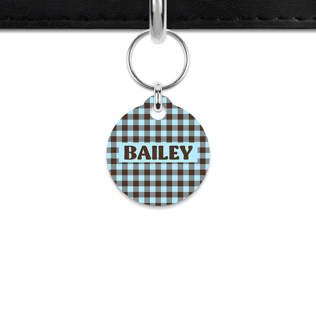 Blue And Brown Gingham Mini Pet ID Tag