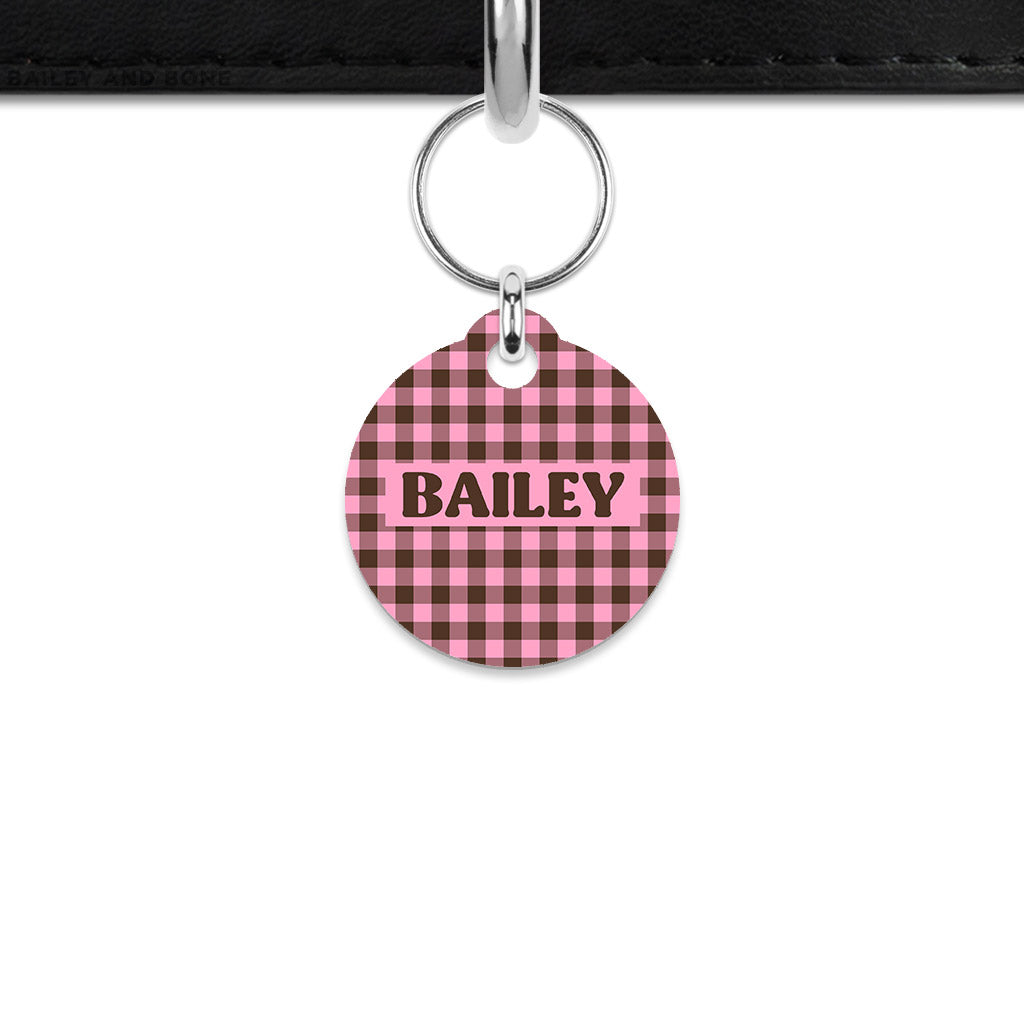 Pink And Brown Gingham Mini Pet ID Tag