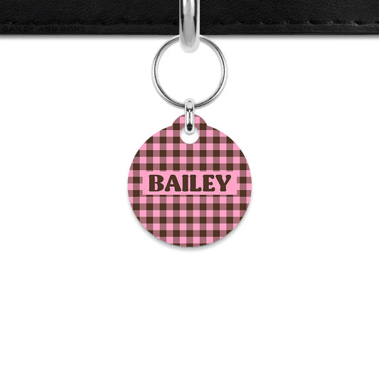 Pink And Brown Gingham Mini Pet ID Tag