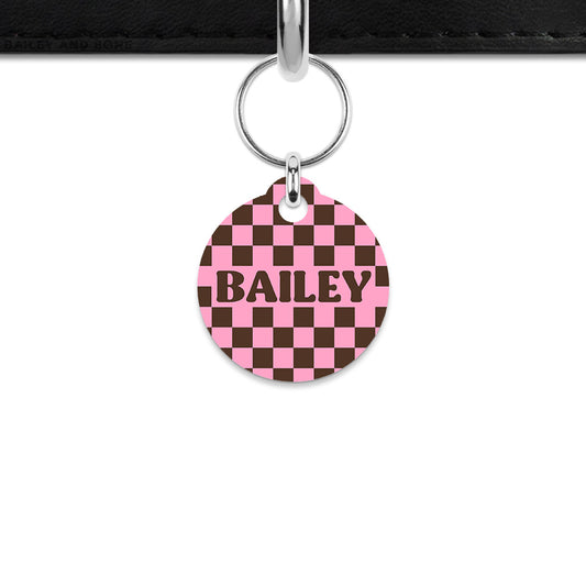 Pink And Brown Checkers Mini Pet ID Tag
