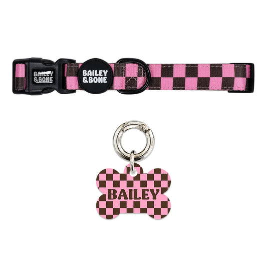 Pink and Brown Checkers Pet Tag and Collar Bundle