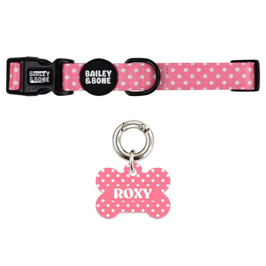 Pink And White Polka Dots Pet Tag And Collar Bundle